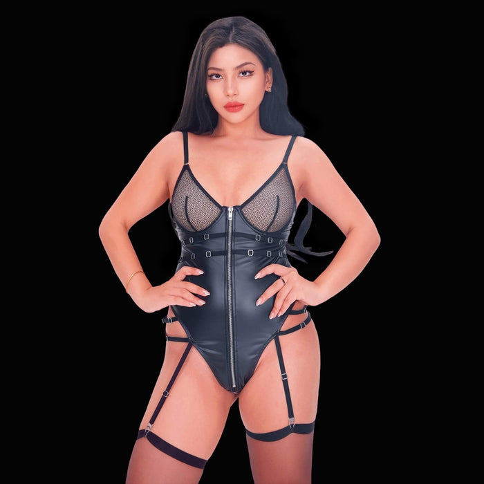 Sexy Black Corset Bodysuit with See-Through Mesh Lingerie Design