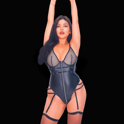 Sexy black corset bodysuit mesh lingerie, designed with a curve-enhancing corset fit and sheer mesh panels for a striking, seductive, and sophisticated lingerie look.