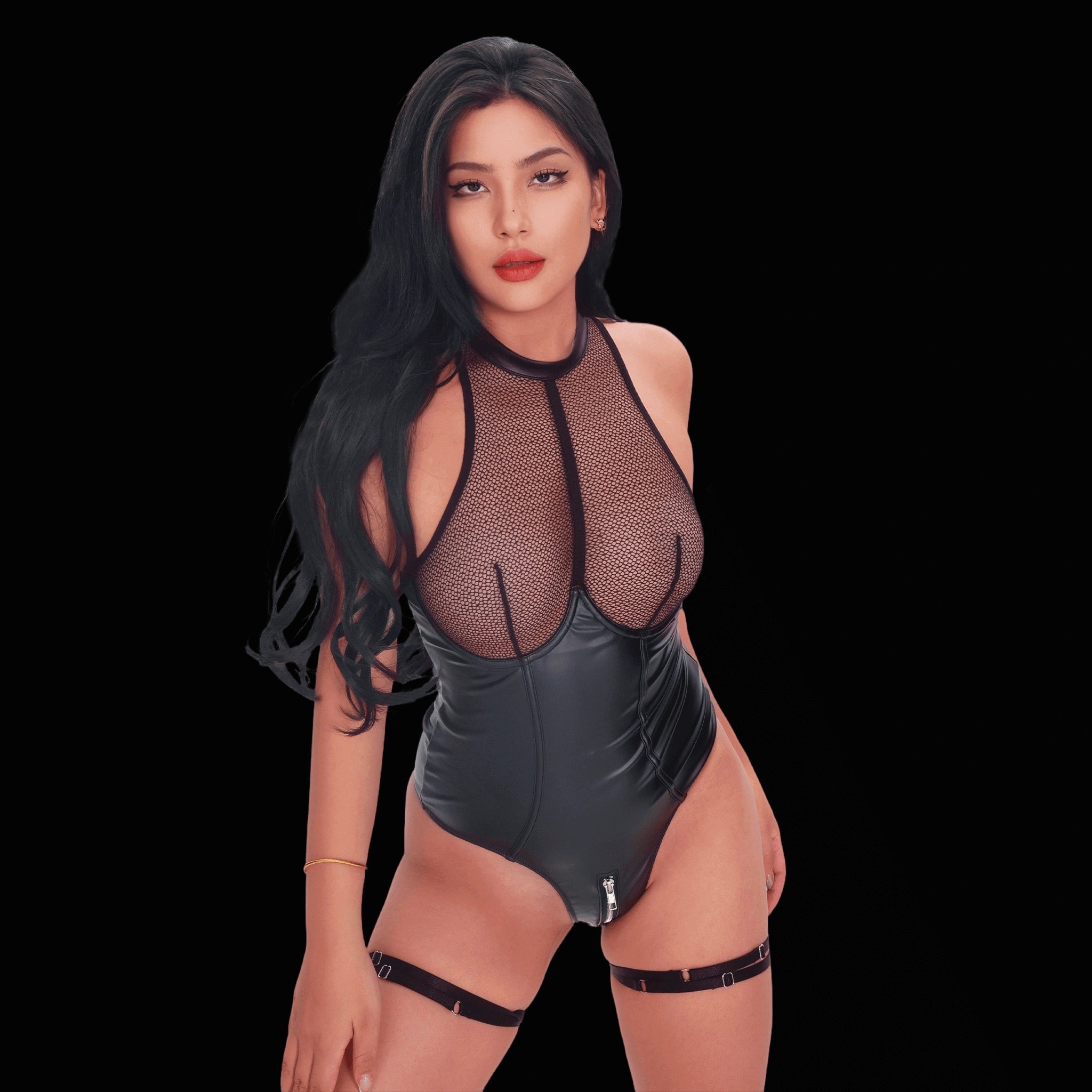 Sexy black leather corset bodysuit with see‑through mesh panels, combining elegance and boldness for a striking, confident lingerie look.