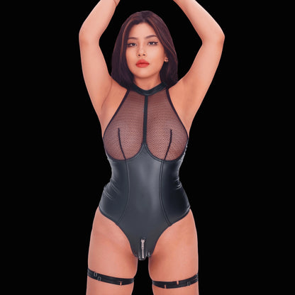 Sexy black leather corset bodysuit with transparent mesh details, highlighting the silhouette and combining daring style with sophisticated elegance.