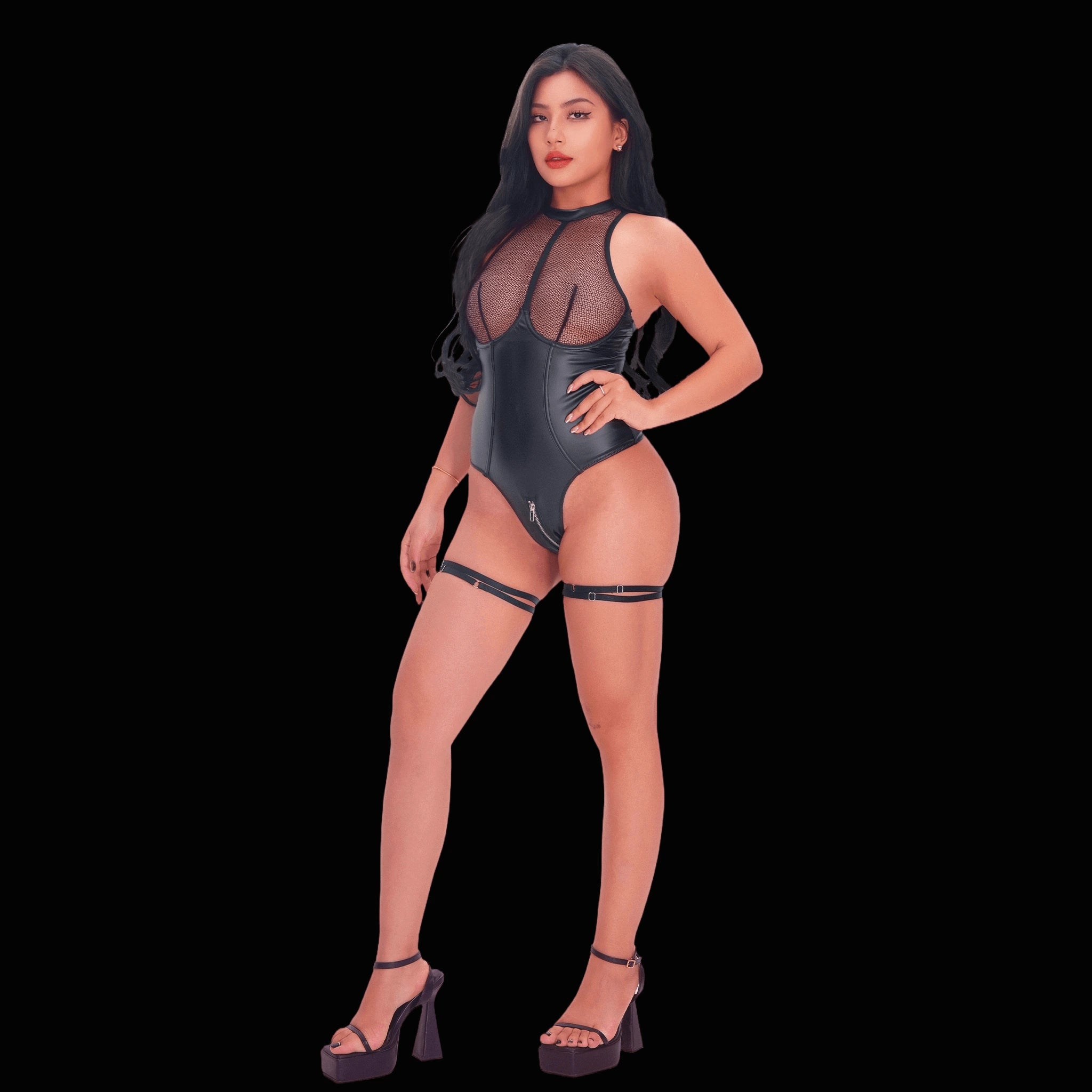 Sexy black leather corset bodysuit featuring sheer see-through panels and bold cutouts, designed for a captivating, seductive look that emphasizes the body's natural curves.