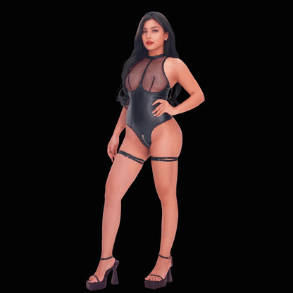 Sexy black leather corset bodysuit featuring sheer see-through panels and bold cutouts, designed for a captivating, seductive look that emphasizes the body's natural curves.