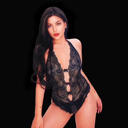 Sexy black lace crotchless bodysuit with sheer mesh details, plunging neckline, adjustable straps, and open crotch design, creating an irresistibly seductive look.