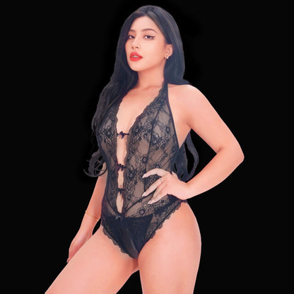 Sexy black lace crotchless bodysuit with sheer mesh panels, deep V neckline, adjustable straps, and open crotch design, enhancing a provocative and alluring silhouette.