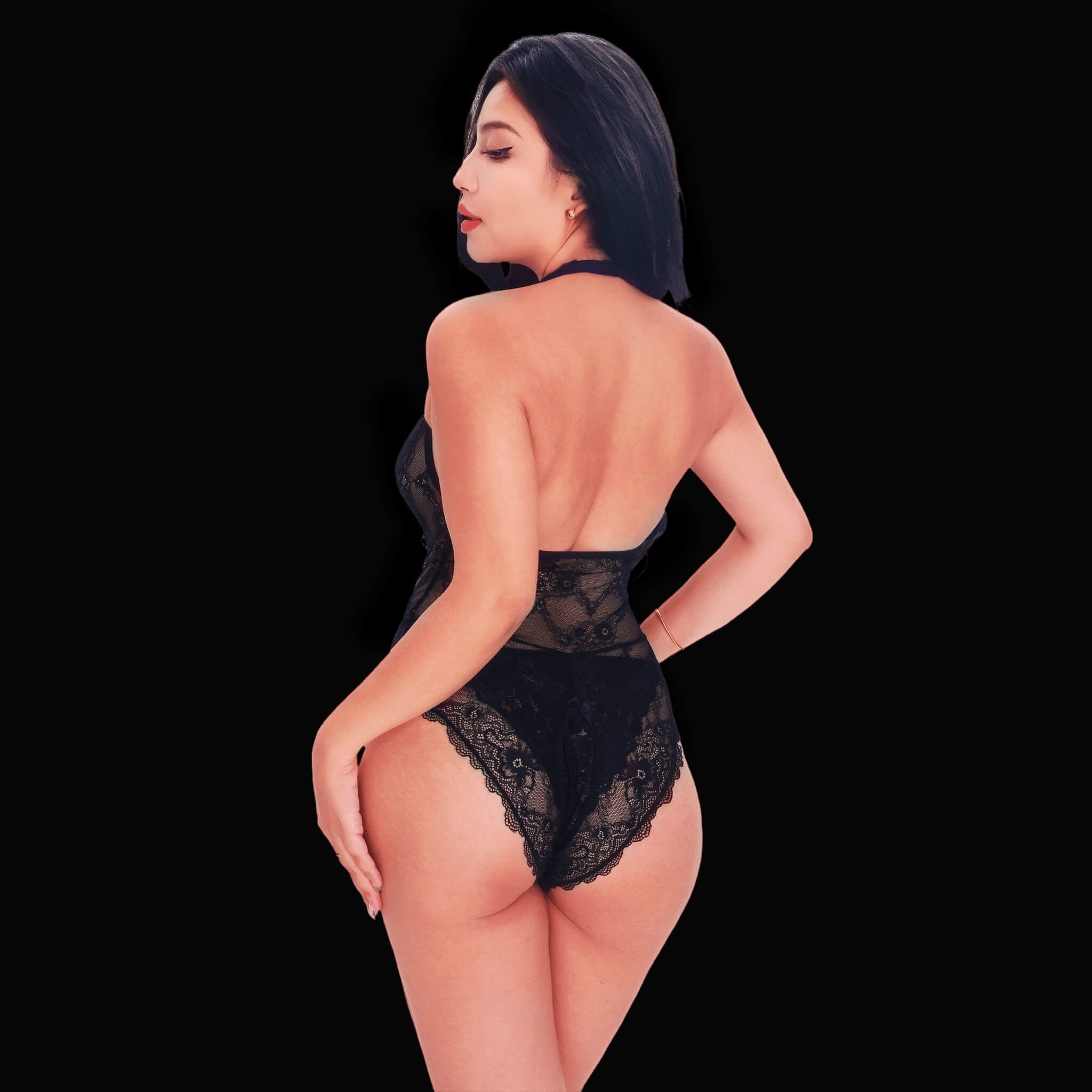 Sexy black lace crotchless bodysuit lingerie with sheer mesh panels, plunging neckline, adjustable straps, and bold cutout details for an alluring silhouette.