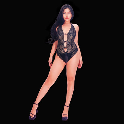 Sexy black lace crotchless bodysuit featuring sheer mesh panels, plunging neckline, adjustable straps, and open crotch design for an irresistible, seductive silhouette.