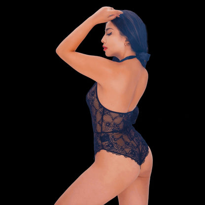 Sexy black lace bodysuit with a deep V neckline and sheer floral lace, designed for a seductive, elegant, and statement lingerie look.