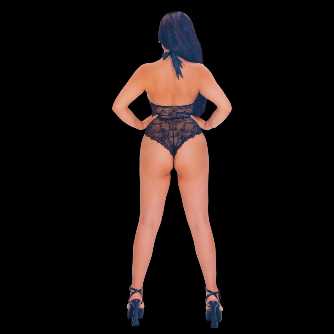 Sexy black lace bodysuit with a plunging deep V neckline and sheer floral lace, designed for a striking, elegant, and seductive lingerie look.