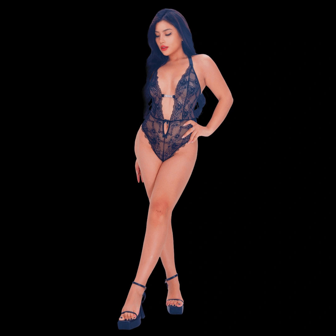 Sexy black lace bodysuit with a plunging deep V neckline, sheer lace panels, and elegant floral embroidery, designed for a dramatic and alluring appearance.