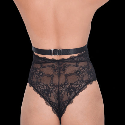 Sexy black lace bodysuit featuring a deep V neckline, intricate floral lace, and sheer details for an alluring, elegant, and seductive appearance.