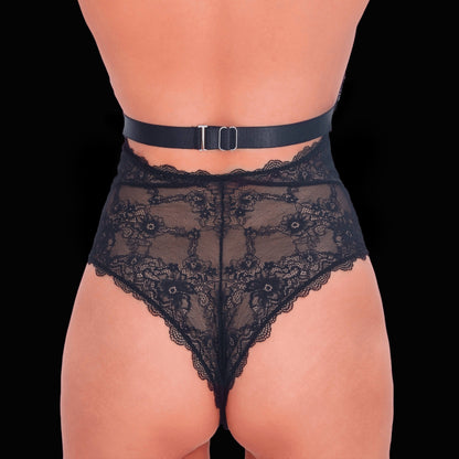 Sexy black lace bodysuit featuring a deep V neckline and an open back design for a sophisticated, alluring, and elegant lingerie appearance.