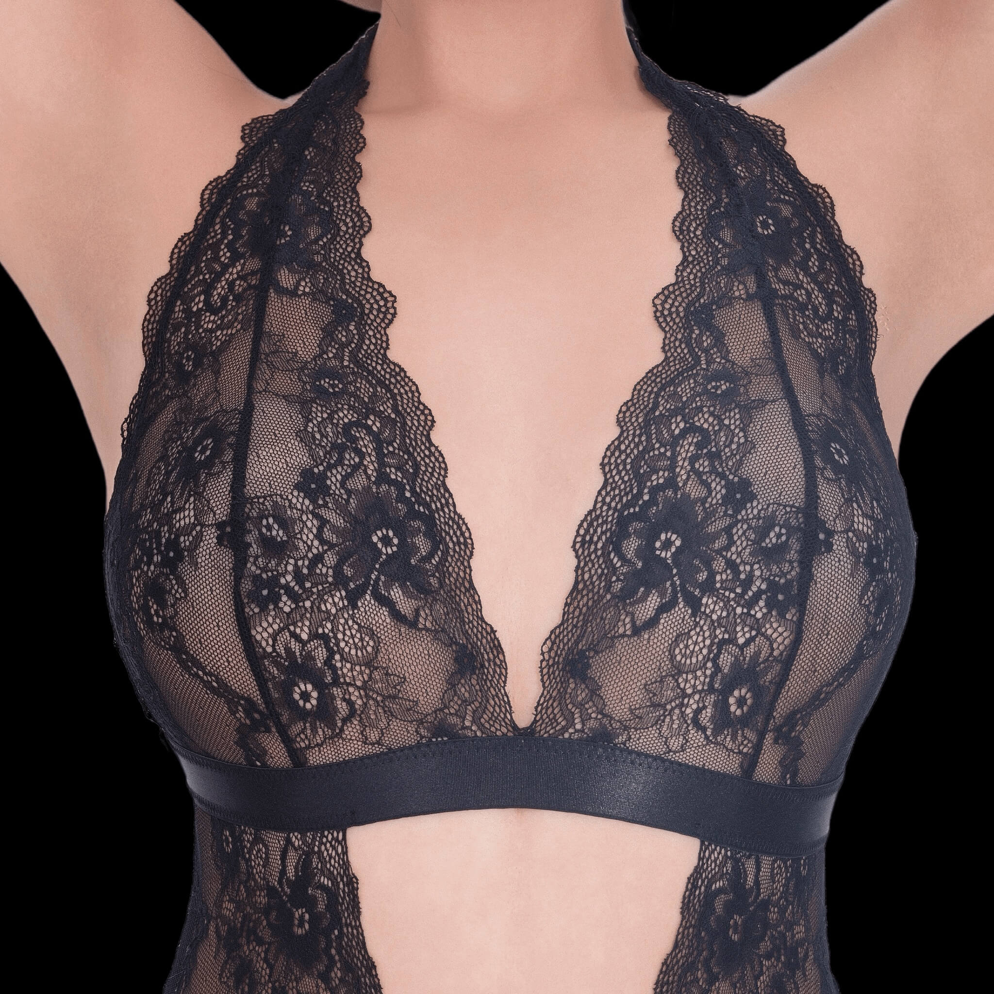 Sexy black lace bodysuit with a daring deep V neckline and open back, crafted with exquisite lace for a luxurious, alluring, and contemporary lingerie style.