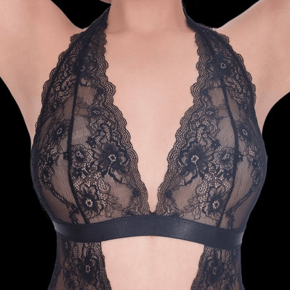 Sexy black lace bodysuit with a daring deep V neckline and open back, crafted with exquisite lace for a luxurious, alluring, and contemporary lingerie style.