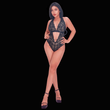 Sexy black lace bodysuit with deep V neckline and open back, designed with intricate lacework for a glamorous, sensual, and sophisticated lingerie style.