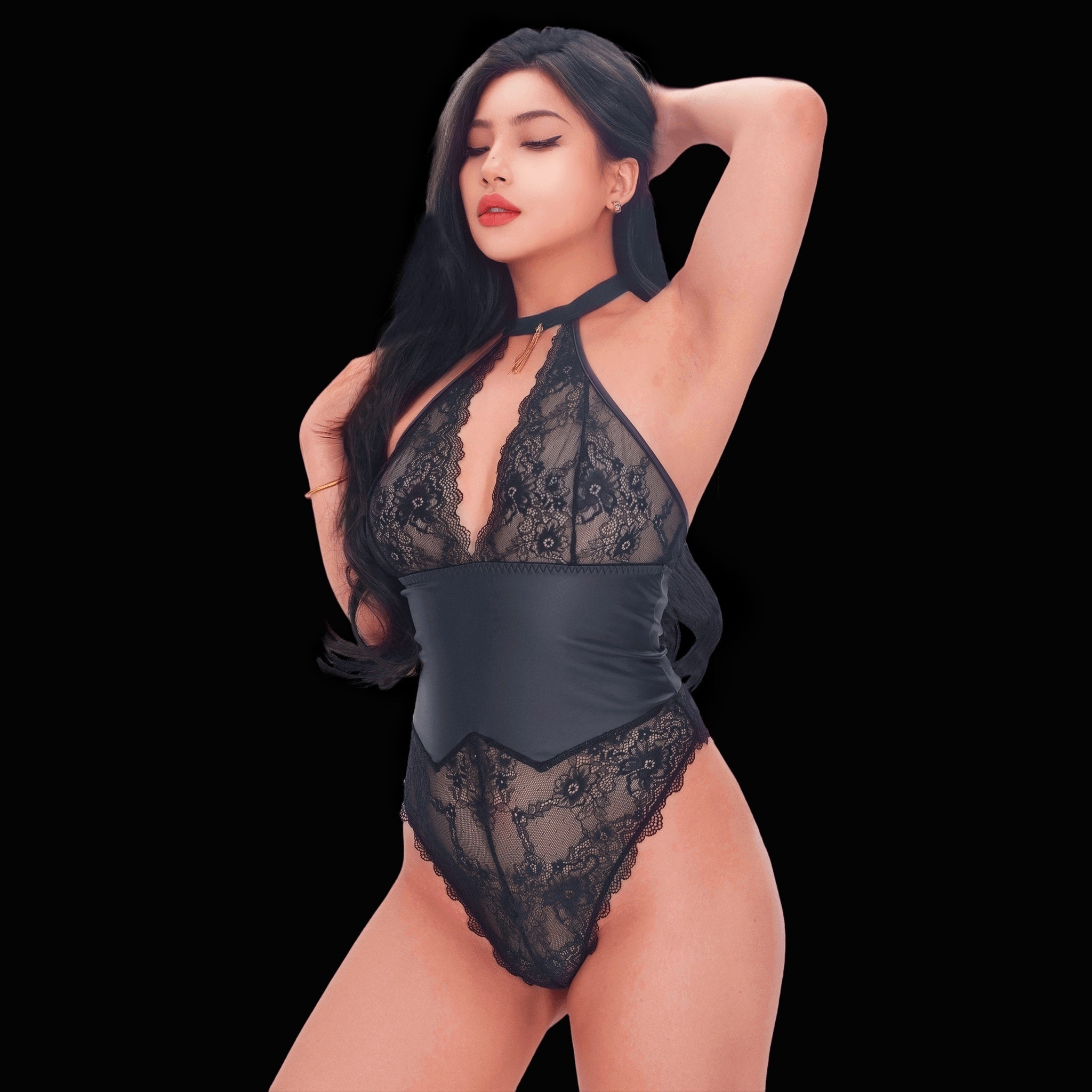 Sexy black lace bodysuit with a leather waist feature, blending intricate lace details and sleek leather for a captivating, trendy, and seductive look.
