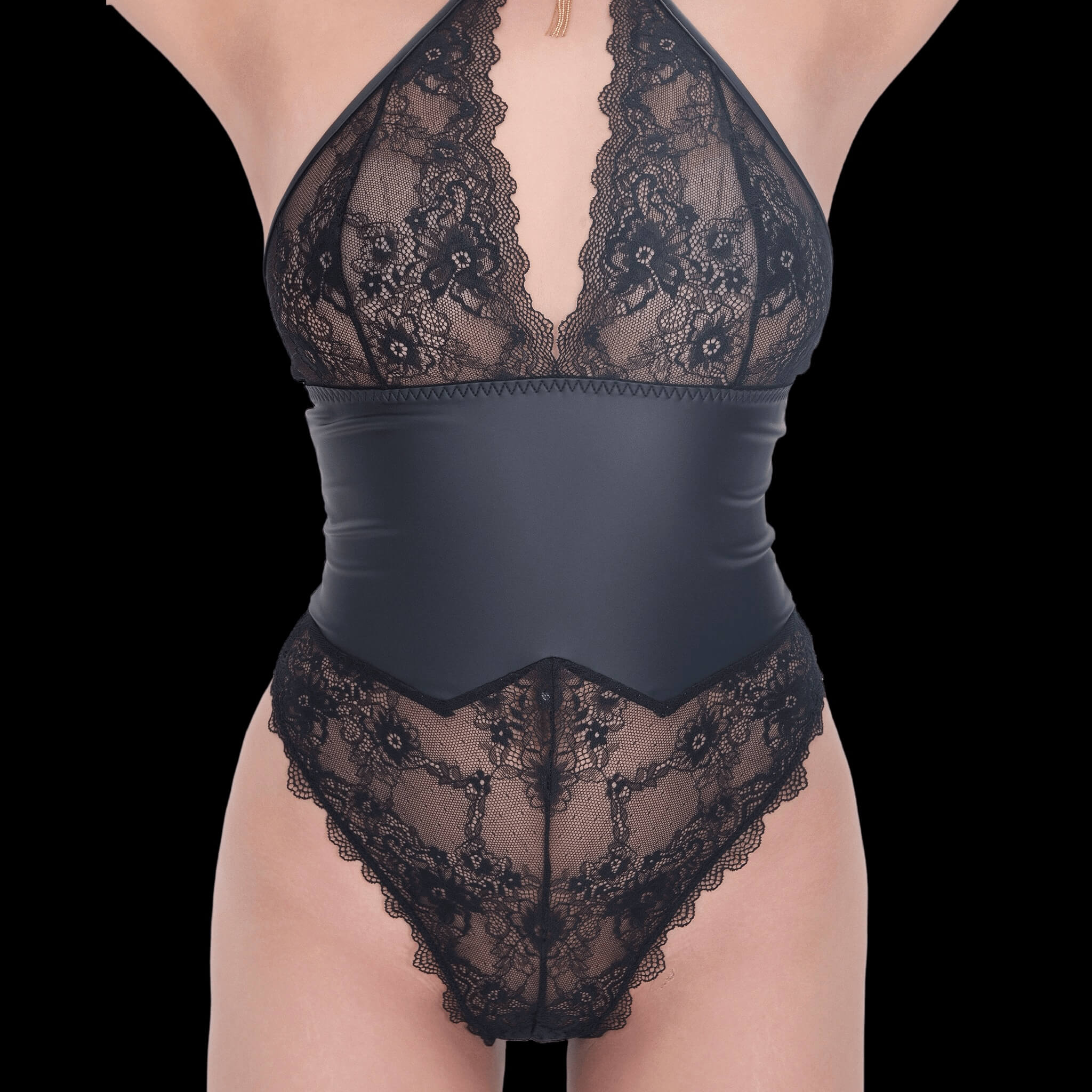 Sexy black lace bodysuit with a leather waist accent, blending intricate lace patterns with sleek leather for a fashionable, striking, and sultry look.