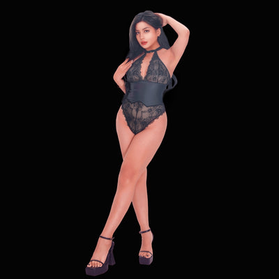 Sexy black lace bodysuit with a leather waist accent, combining delicate lace and sleek leather for a modern, seductive, and dramatic lingerie style.