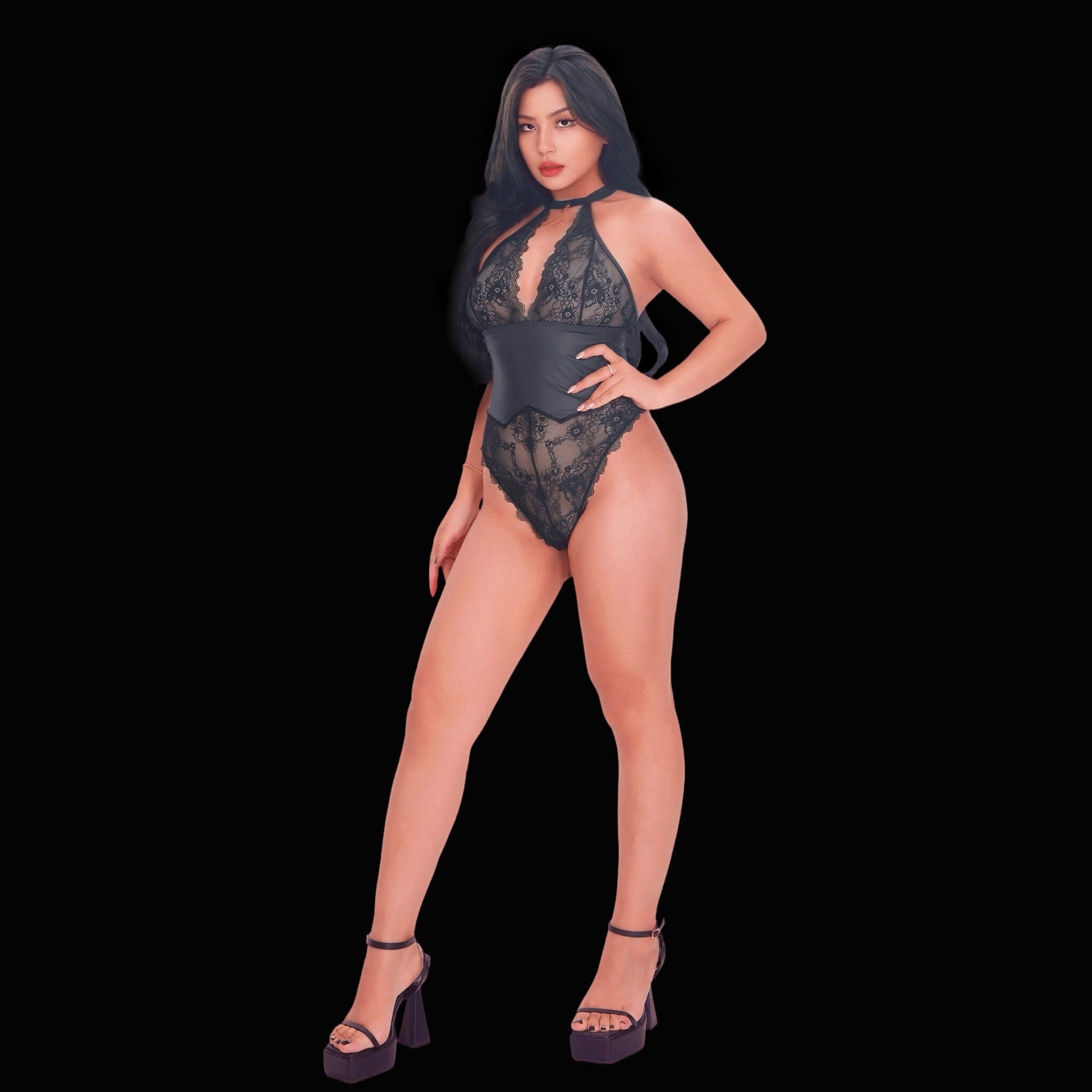 Sexy black lace bodysuit with a statement leather waist detail, blending luxurious lace and bold leather for a contemporary, seductive, and high-fashion appeal.