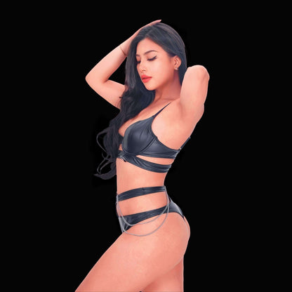 Sexy black leather corset with chain bondage style, featuring luxurious chain ornamentation and bold harness accents for a dramatic, empowering, and sensual lingerie look.