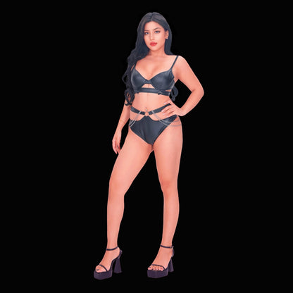 Sexy black leather corset with chain bondage style, crafted with eye-catching chain accents and sculpted harness elements for a chic, daring, and provocative lingerie statement.