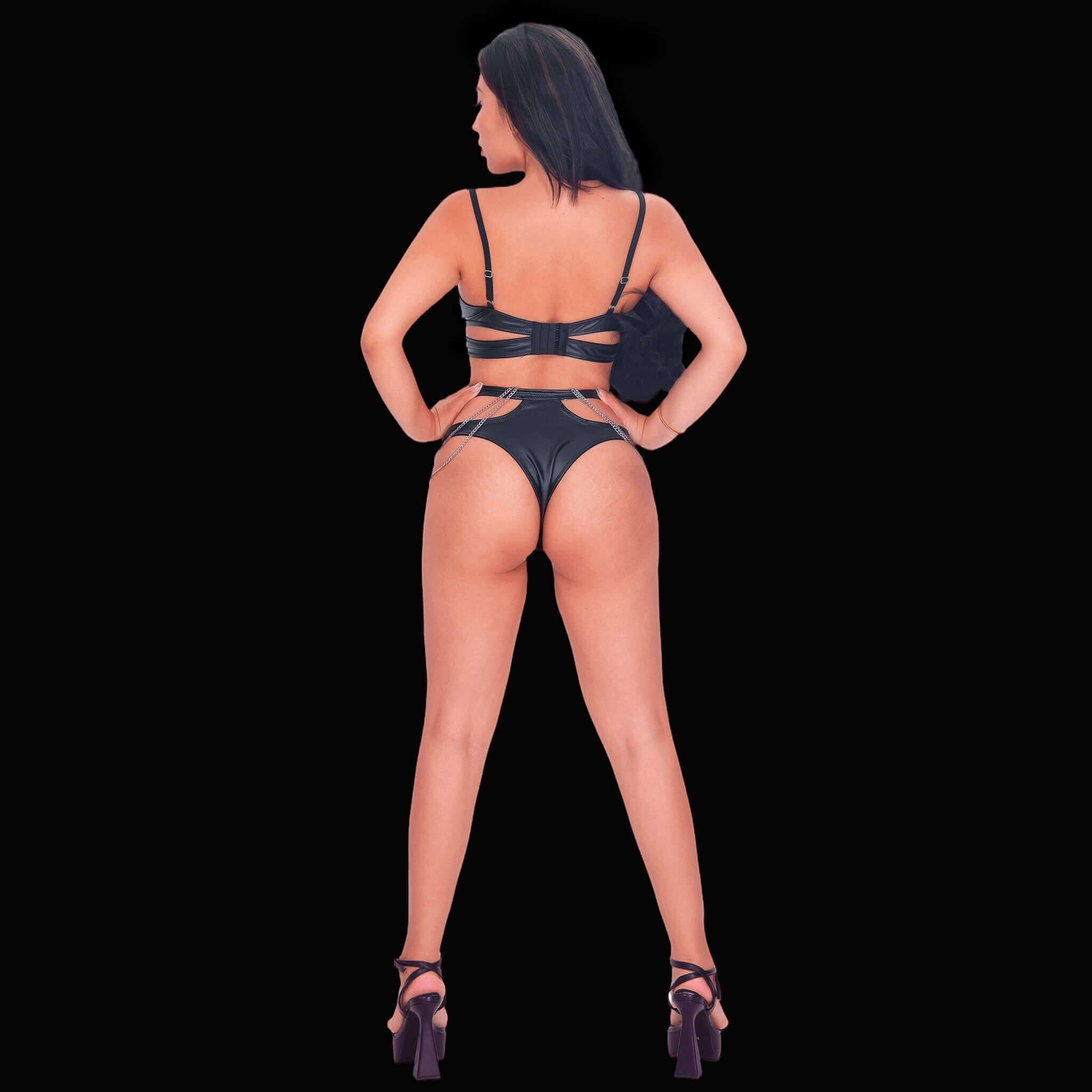 Sexy black leather corset with chain bondage style, crafted with dramatic chain adornments and sleek harness features for a powerful, seductive, and distinct lingerie look.