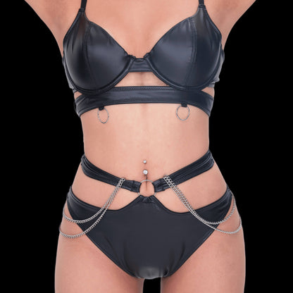 Sexy black leather corset with chain bondage style, crafted with bold chain embellishments and sleek harness details for a daring, sultry, and statement-making lingerie look.