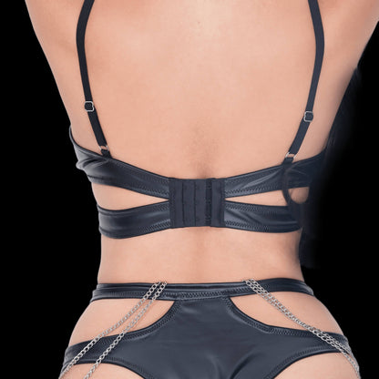 Sexy black leather corset with chain bondage style, featuring bold chain details and structured harness components for a striking, seductive, and assertive lingerie look.