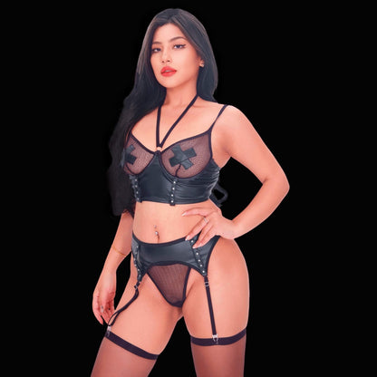 Sexy bondage lingerie two-piece set with garter belt, featuring daring straps and a seductive design for a risqué, stylish, and empowering lingerie appearance.