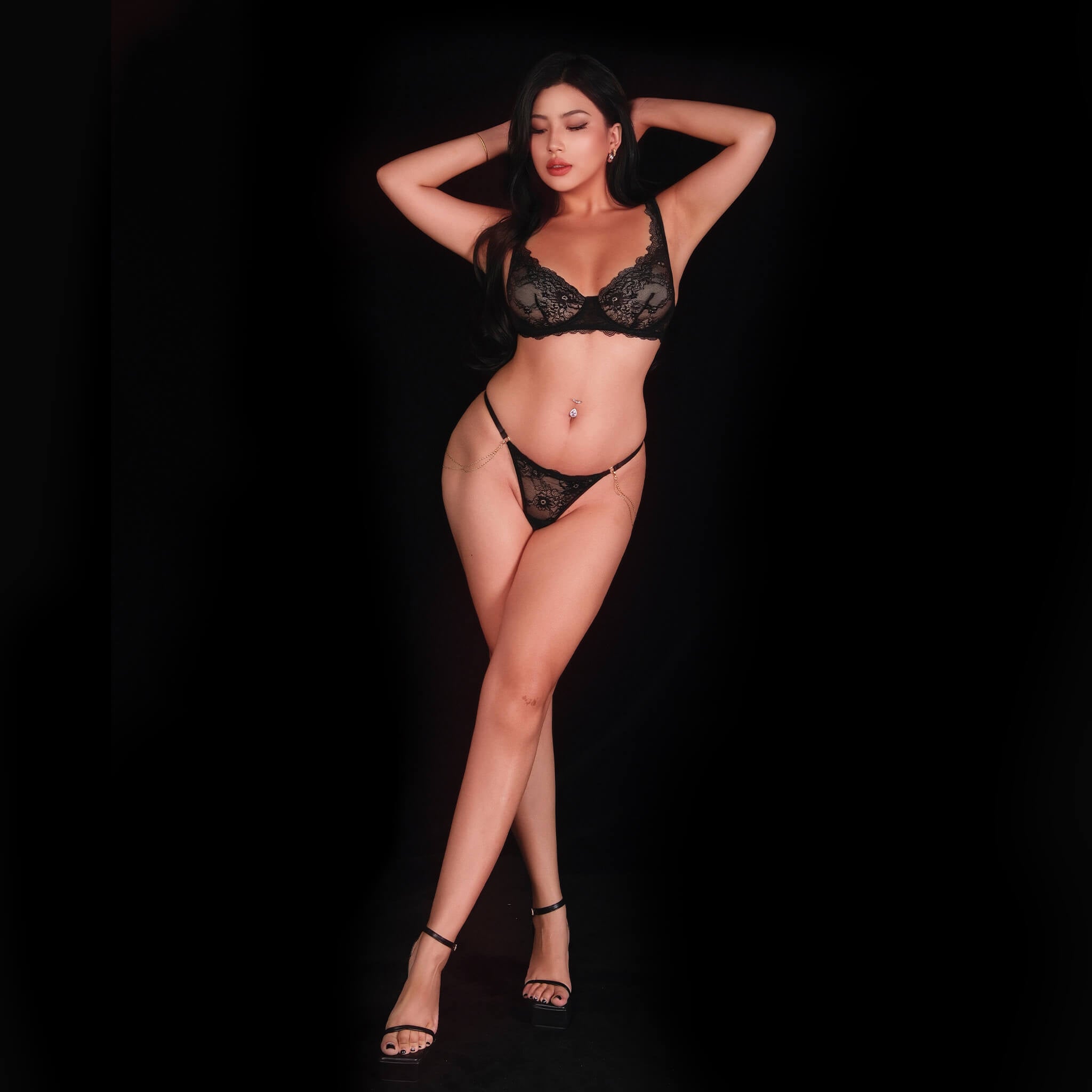 Sexy black lace bra and panty set featuring sheer see-through lace and elegant floral designs, crafted for a seductive, graceful, and feminine lingerie look.