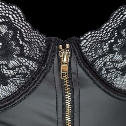 Sexy lace and leather mini dress, designed with a fitted silhouette and intricate lace accents for a stunning, provocative, and fashionable appearance.