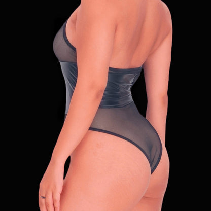 Transparent mesh leather corset bodysuit, designed with sheer mesh panels and sleek faux leather details in a corset style for a chic, sexy, and sophisticated lingerie look.