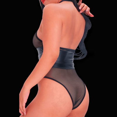 Transparent mesh leather corset bodysuit, combining sheer mesh panels and faux leather details in a structured corset silhouette for a sexy, modern, and high-fashion lingerie look.