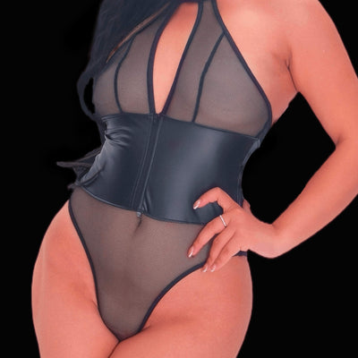 Transparent mesh leather corset bodysuit, featuring sheer mesh panels and faux leather accents with a flattering corset design for a bold, sultry, and modern lingerie look.